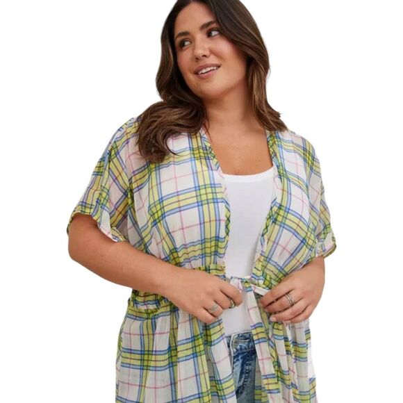 Torrid Plus Sz 1 Tie-Waist Plaid Duster Kimono Yellow Blue Pink Midi Cover-Up - Picture 2 of 13
